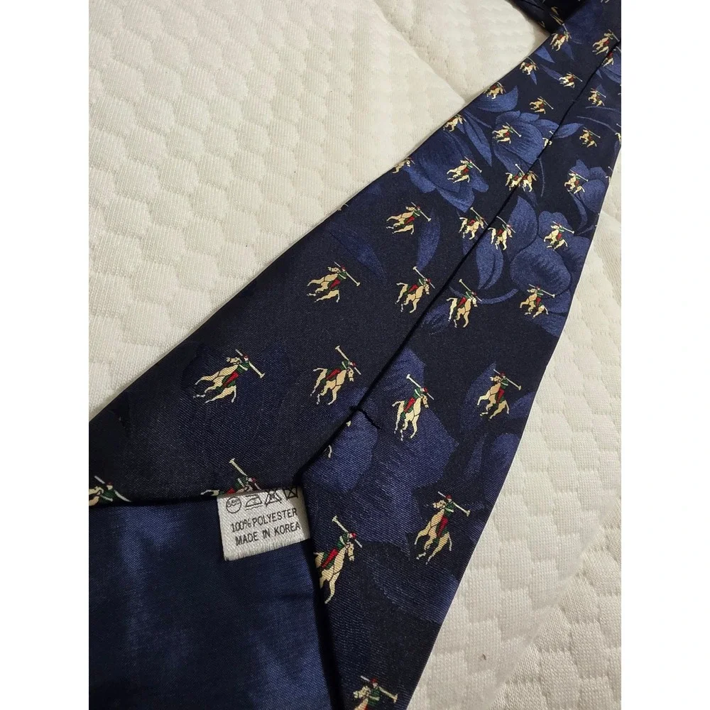 Vintage Navy Blue Polo Player Equestrian Motif Necktie Polyester Made in Korea